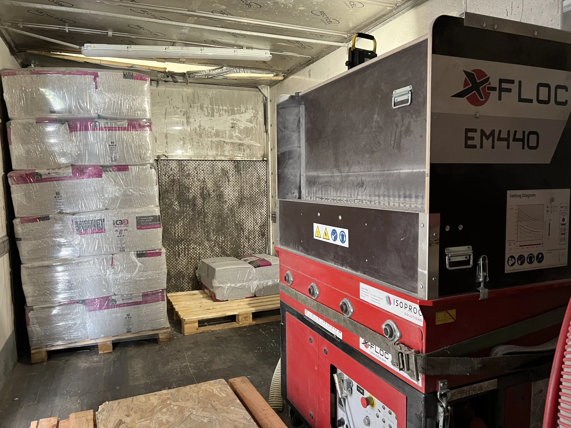 Inblaasmachine en zakken cellulose in de werfwagen
