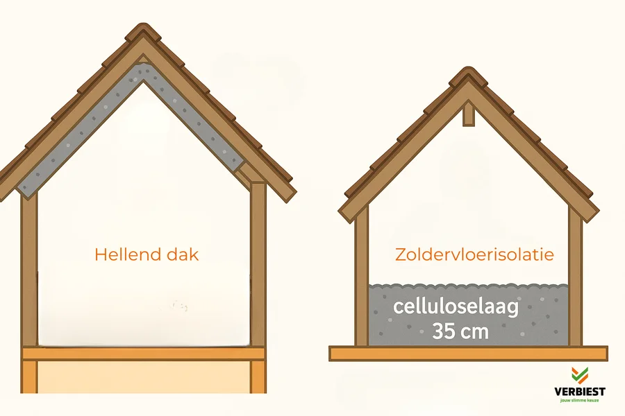 Tekening: isolatie in het hellend dak tegenover isolatie op de zoldervloer, met een celluloselaag van 35 cm